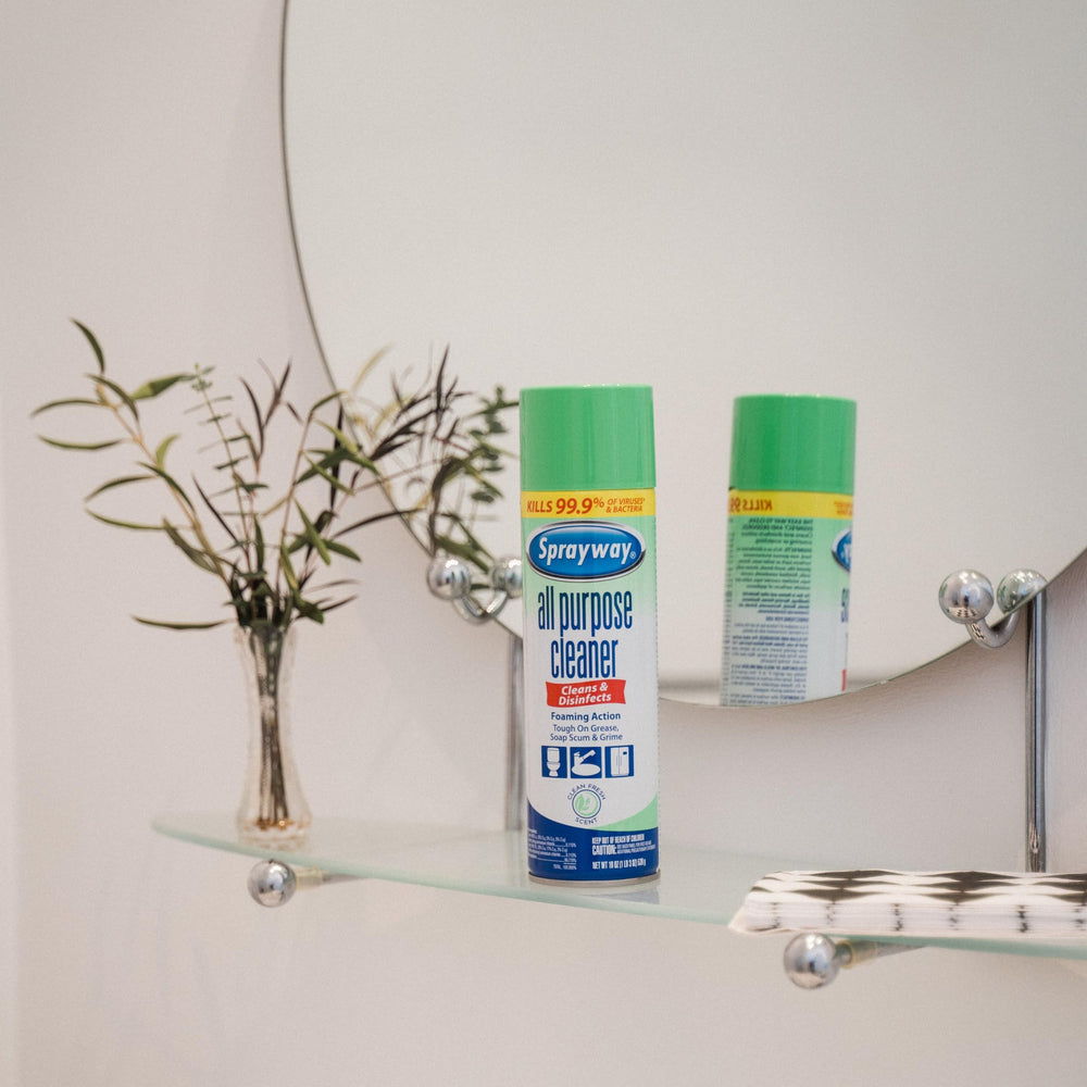 Sprayway bathroom tile cleaner showing removal of soap scum on tile.