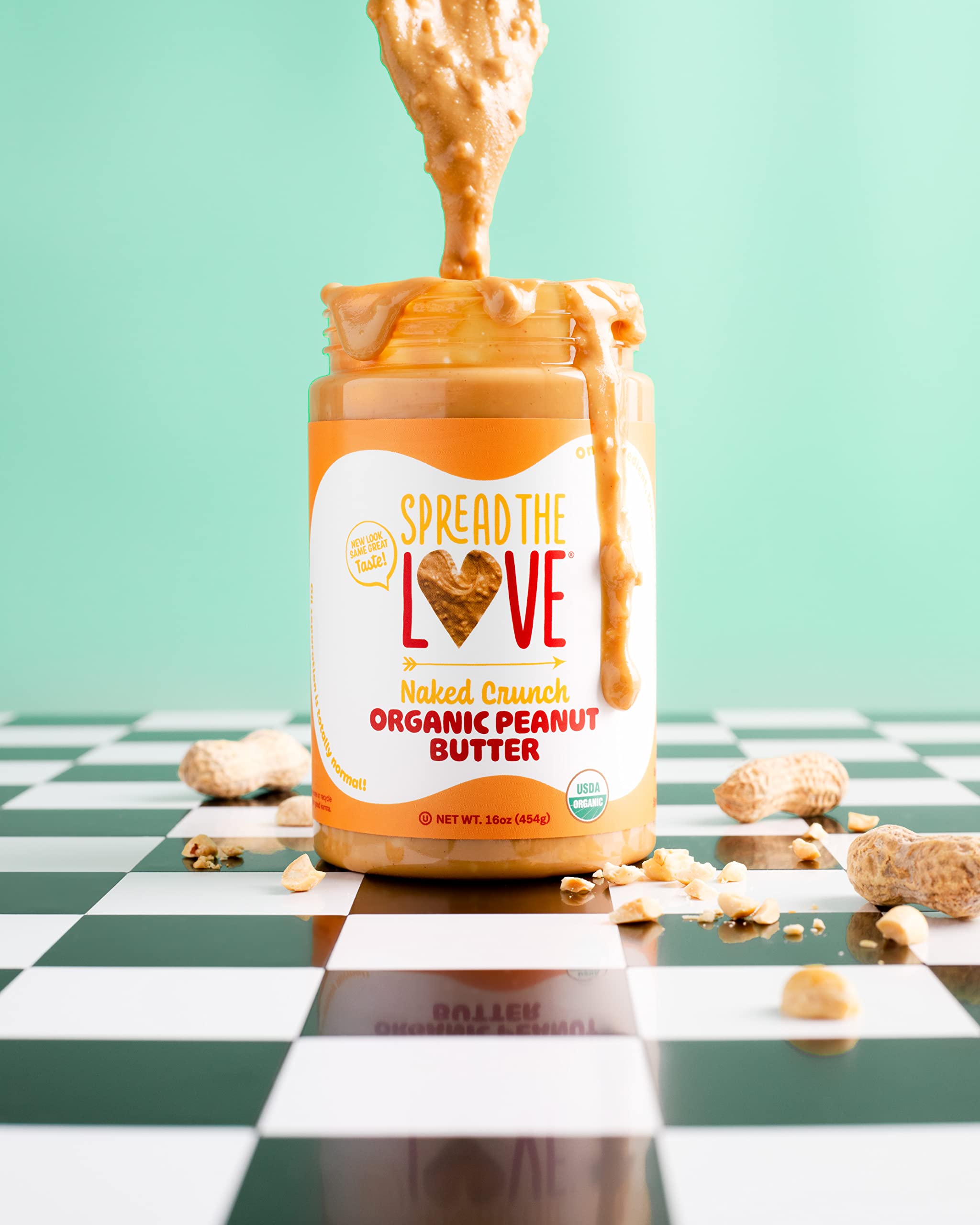 Organic label on Spread The Love Naked Crunch jar—gluten-free and palm-oil-free.