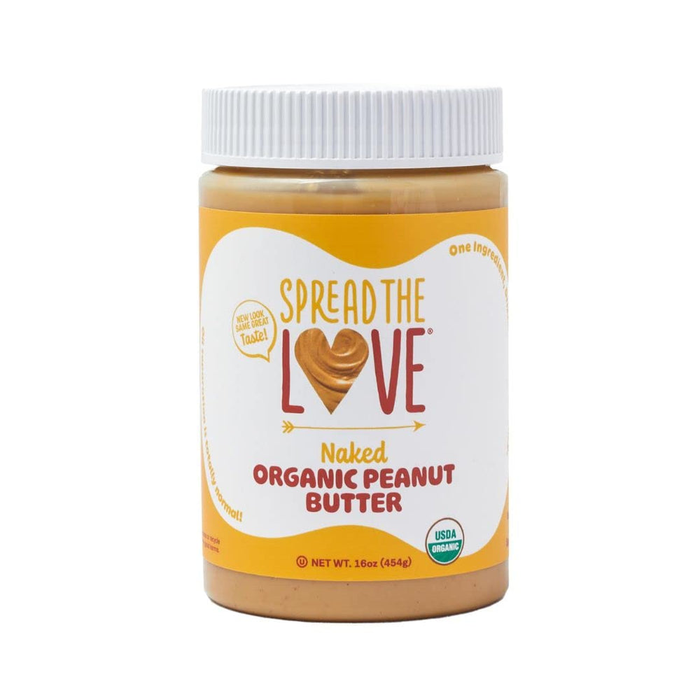 Spread The Love Naked Organic Peanut Butter jar—creamy texture ideal for spreading on toast.