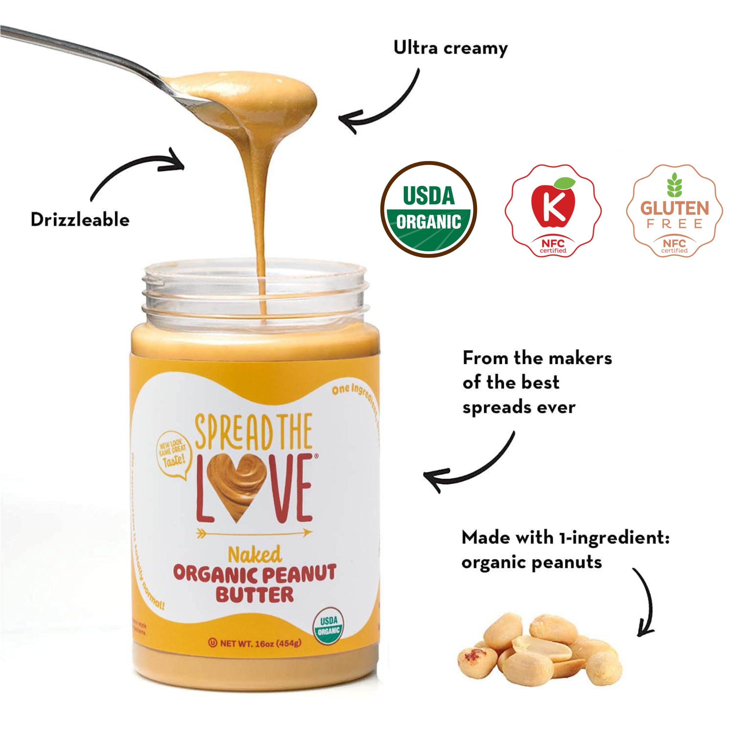 Spread The Love Naked Organic Peanut Butter label showing USDA Organic certification.