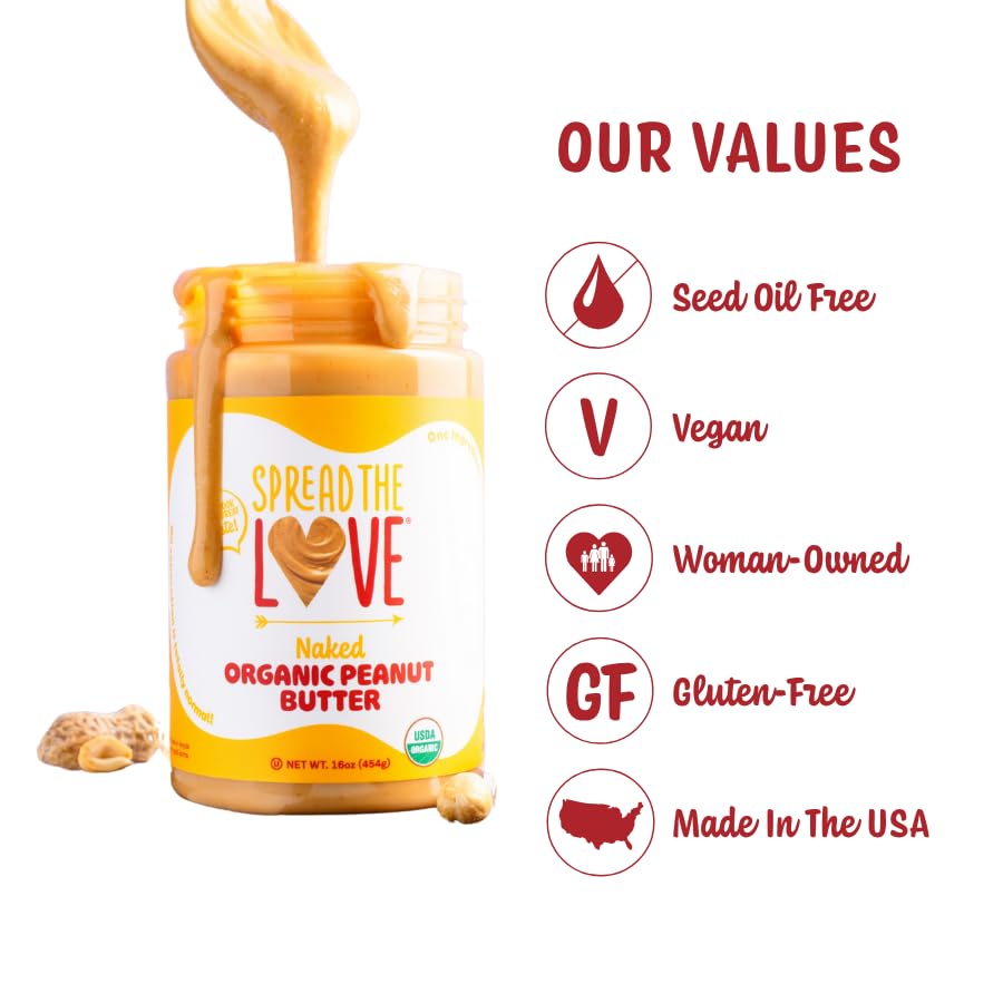 Spread The Love Naked Organic Peanut Butter spoon-dip showing a rich peanut swirl.
