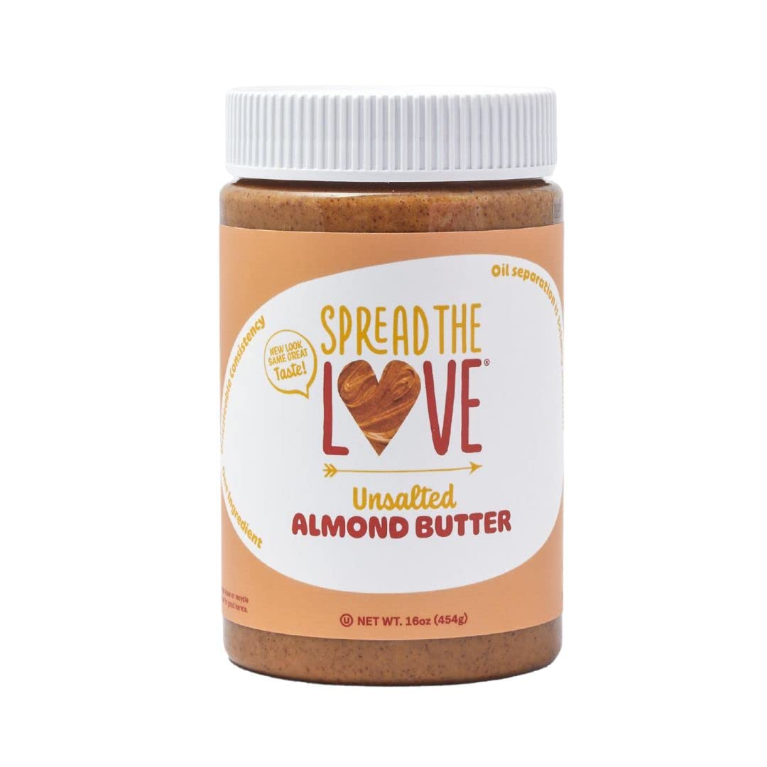 Spread The Love unsalted almond butter jar shows creamy texture for easy spreading.