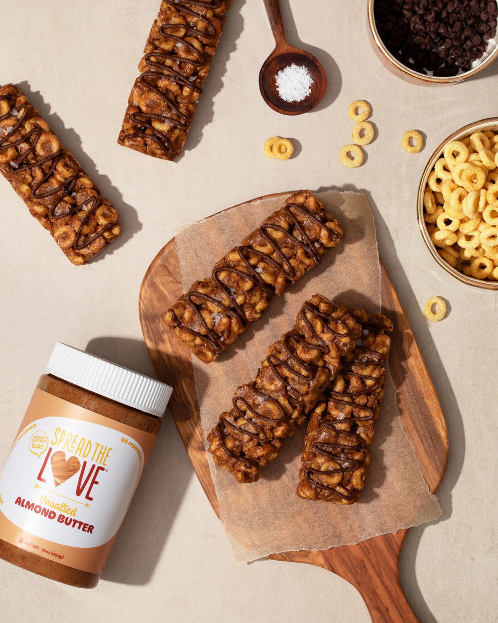 Spread The Love unsalted almond butter label close-up emphasizes quality and care.
