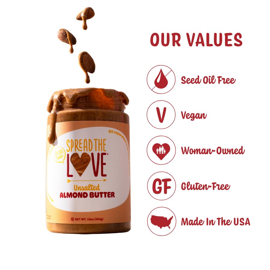 Spread The Love unsalted almond butter scoop highlights creamy, spreadable texture.