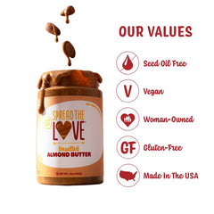 Spread The Love unsalted almond butter scoop highlights creamy, spreadable texture.