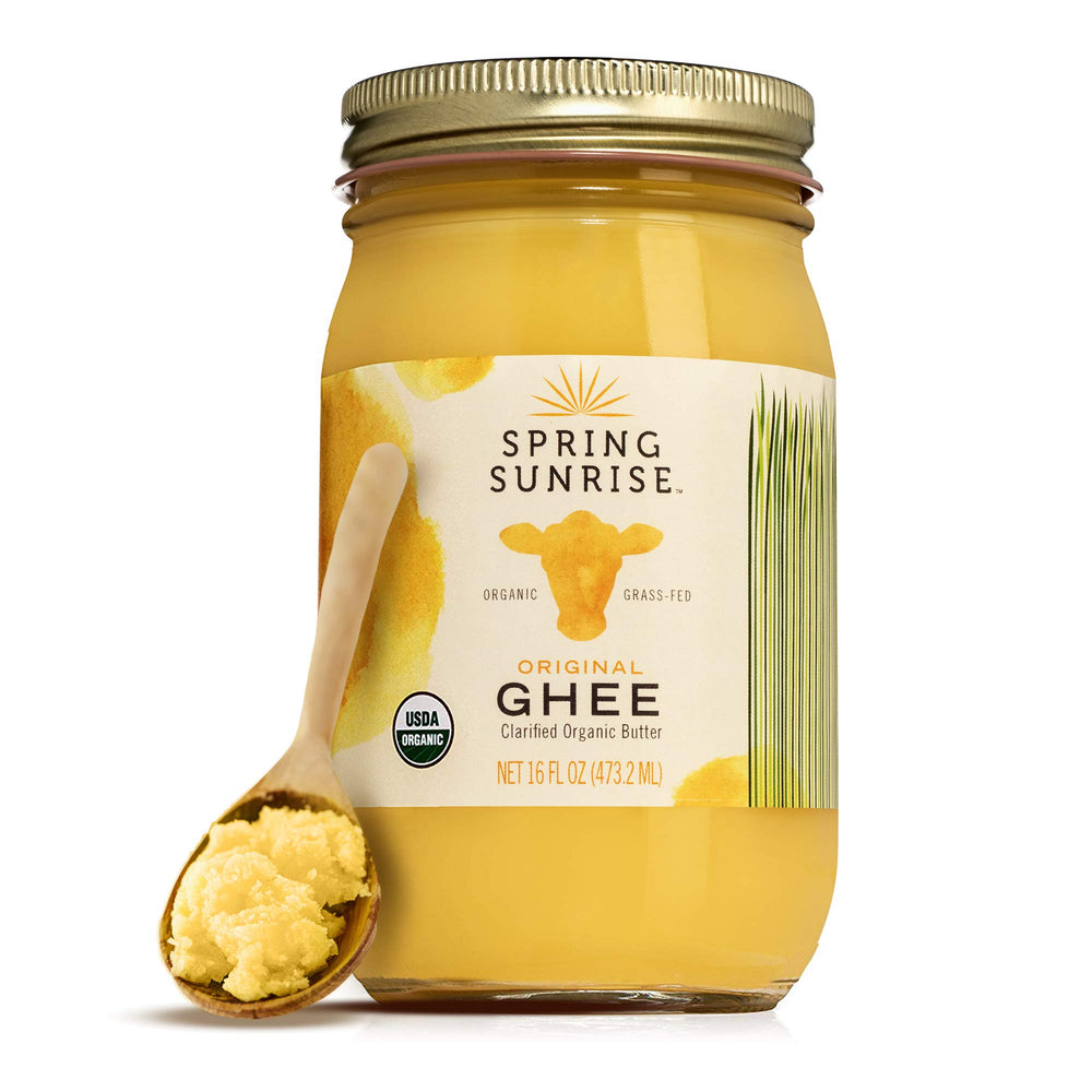 Spring Sunrise ghee bottle with rich golden color, ideal for high-heat cooking