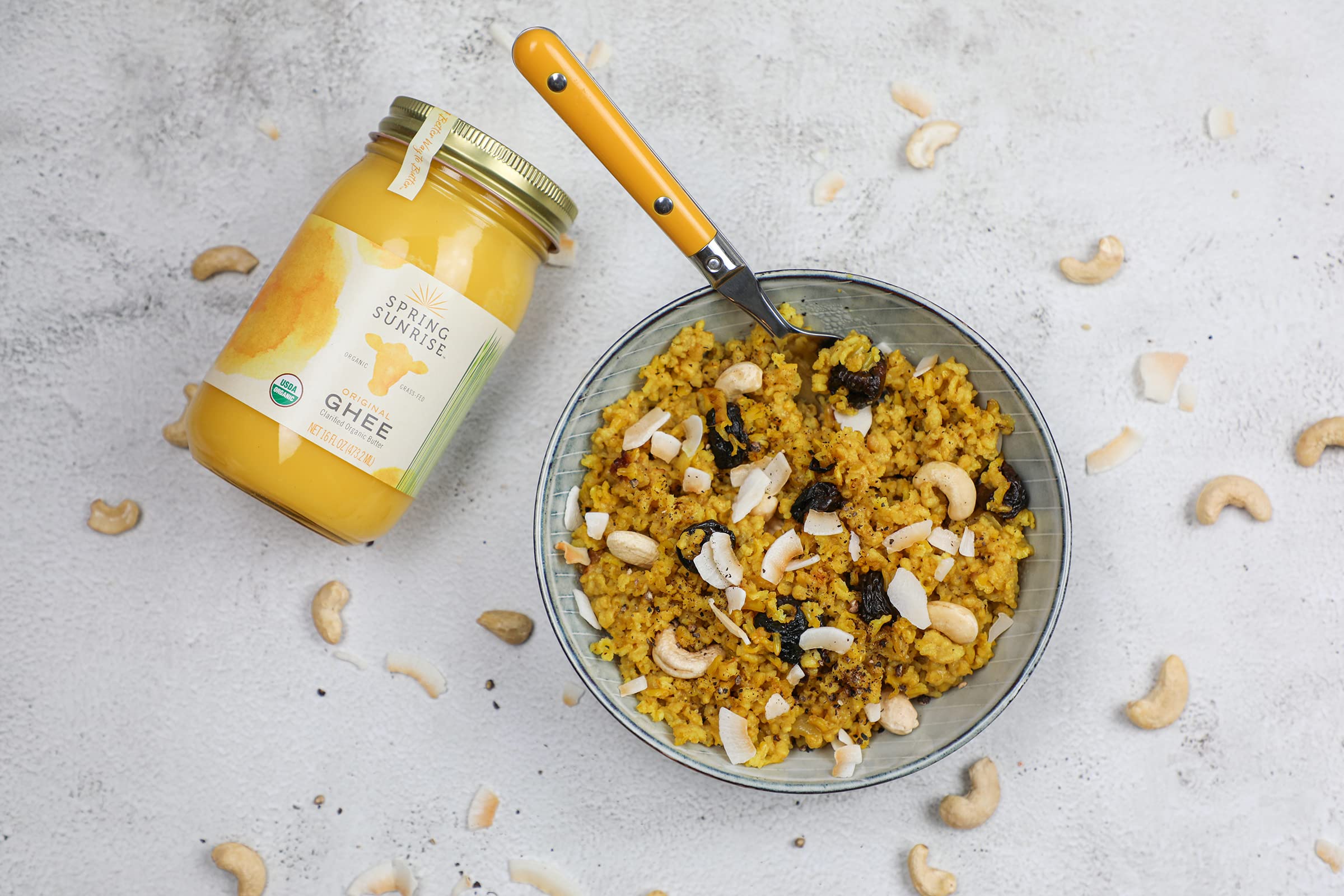 Spring Sunrise non-GMO gluten-free and casein-free ghee jar for sautéing.