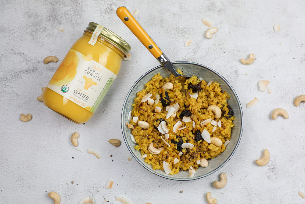 Spring Sunrise non-GMO gluten-free and casein-free ghee jar for sautéing.