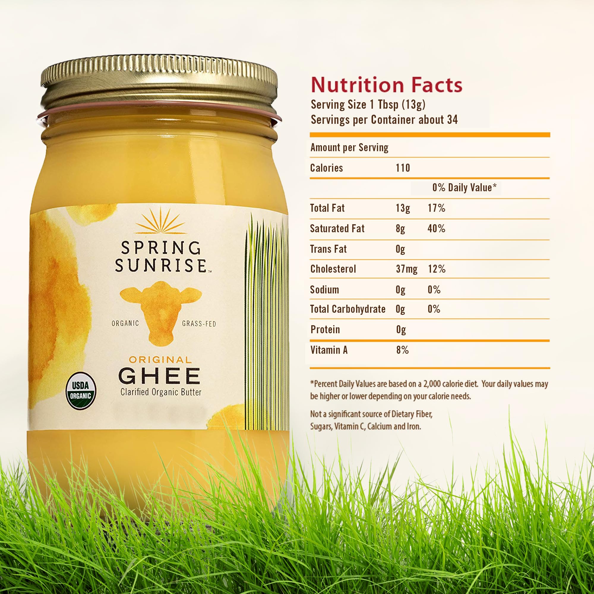 Spring Sunrise organic ghee label close-up emphasizing clean ingredients.