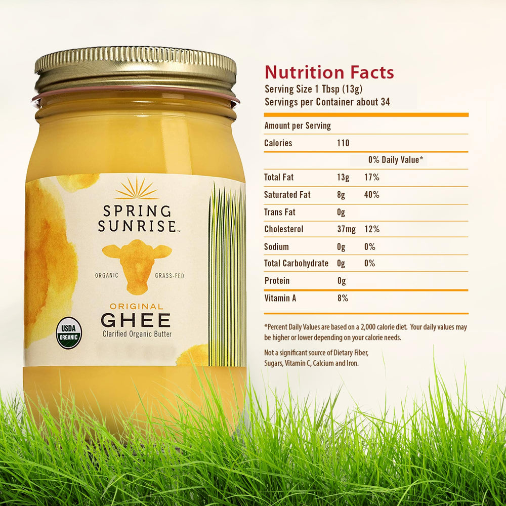 Spring Sunrise organic ghee label close-up emphasizing clean ingredients.