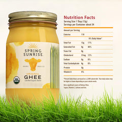 Spring Sunrise organic ghee label close-up emphasizing clean ingredients.