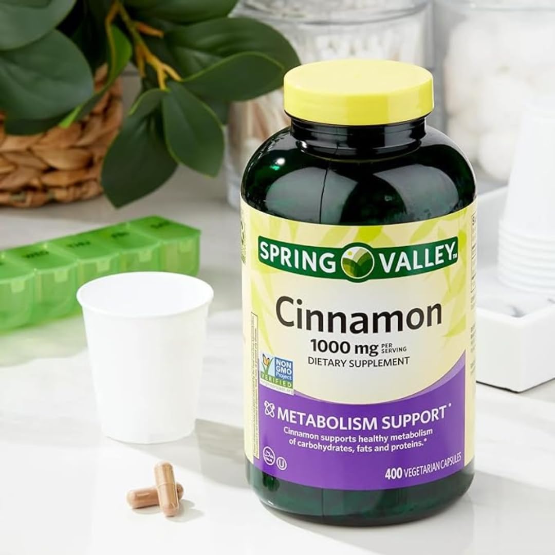 Spring Valley Cinnamon bottle displaying dosage guidance of two capsules daily with meals.