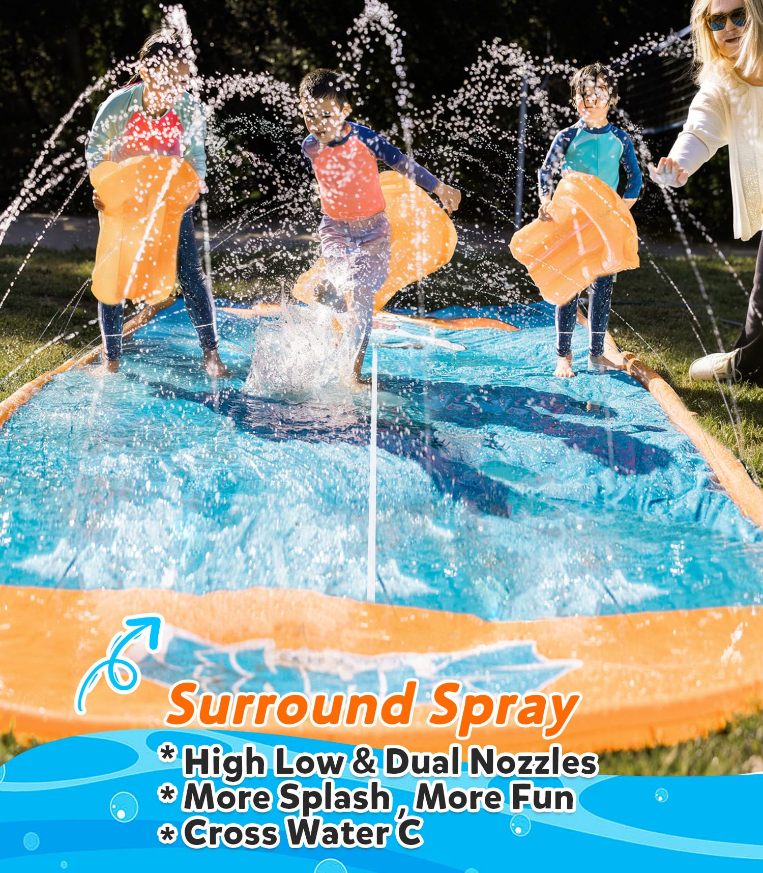 Spring Water slip-and-water-slide includes inflatable bodyboards for added water play.