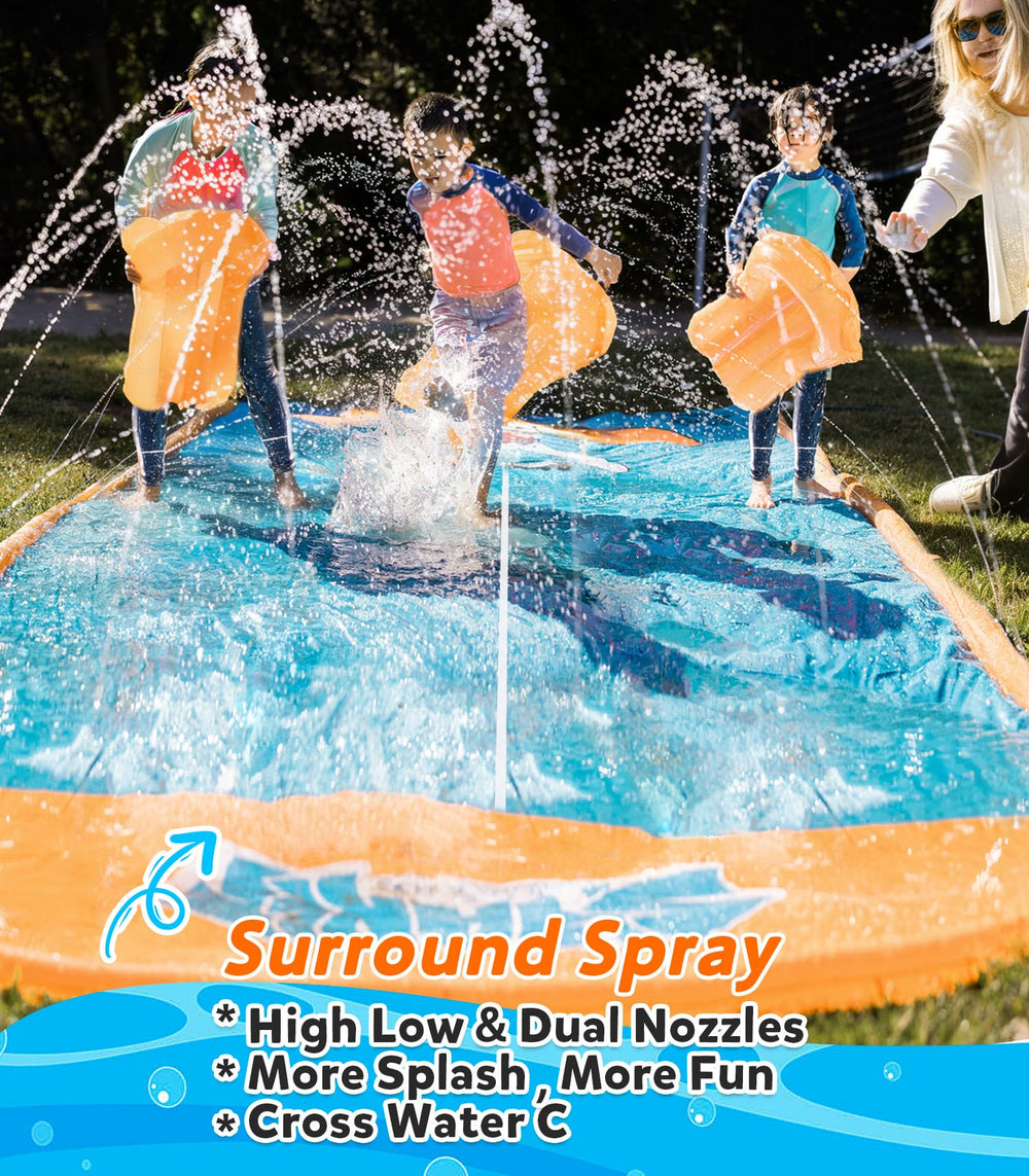 Spring Water slip-and-water-slide includes inflatable bodyboards for added water play.