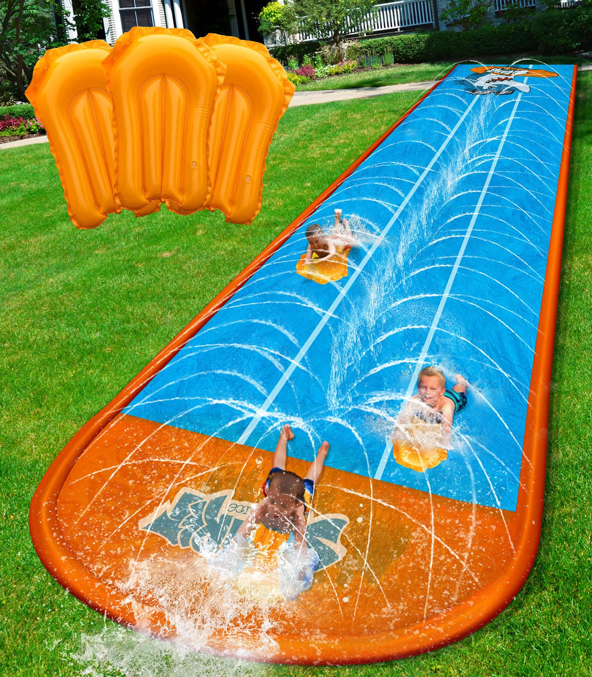 Spring Water slip and slide with blue shark pattern offers safe backyard fun for kids.