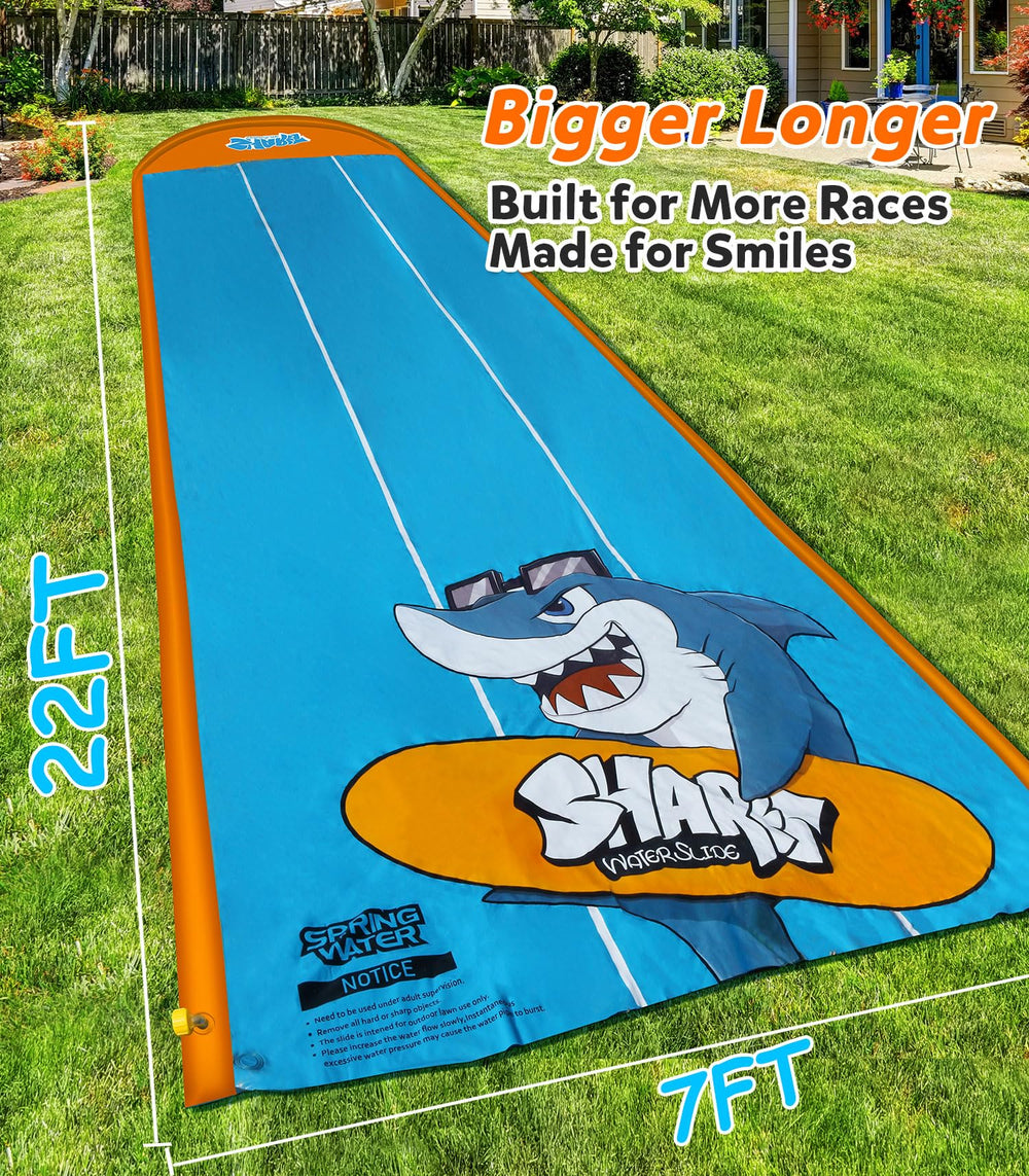 Spring Water slip and slide with orange pattern enables friendly backyard races.