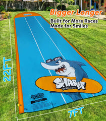 Spring Water slip and slide with orange pattern enables friendly backyard races.