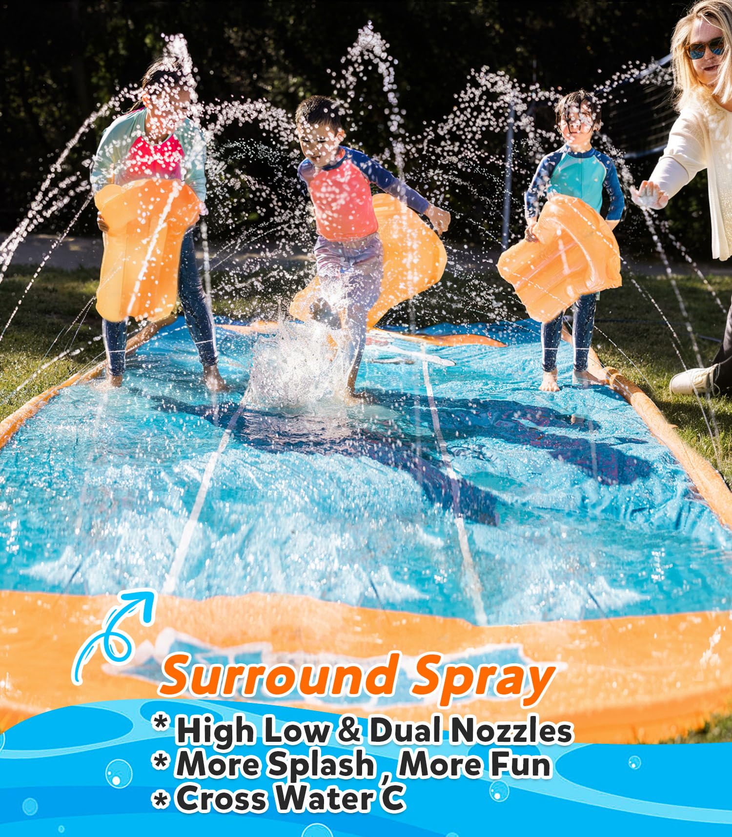Spring Water sprinkler system provides full-coverage water flow for smooth slides.