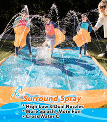 Spring Water sprinkler system provides full-coverage water flow for smooth slides.