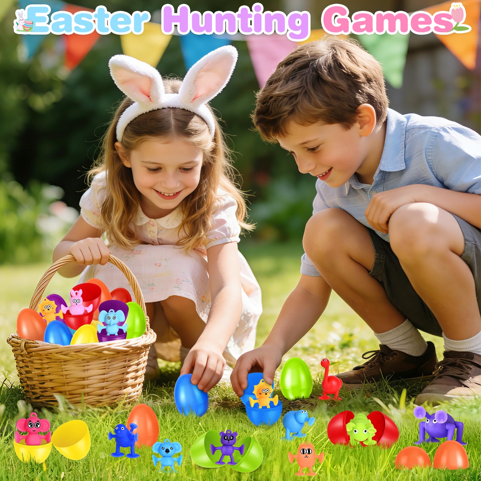 SpringFlower Easter basket fillers with bright eggs and suction toy kits