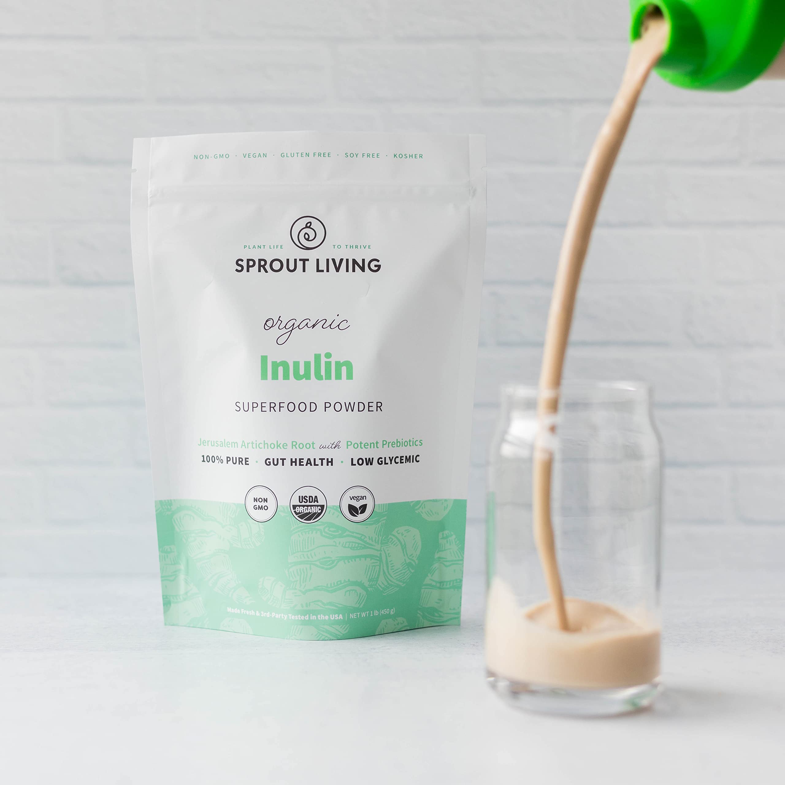 Sprout Living Inulin label close-up highlights organic ingredients.