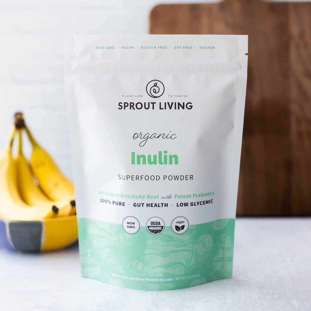 Sprout Living Inulin scoop beside bottle highlights easy daily use.