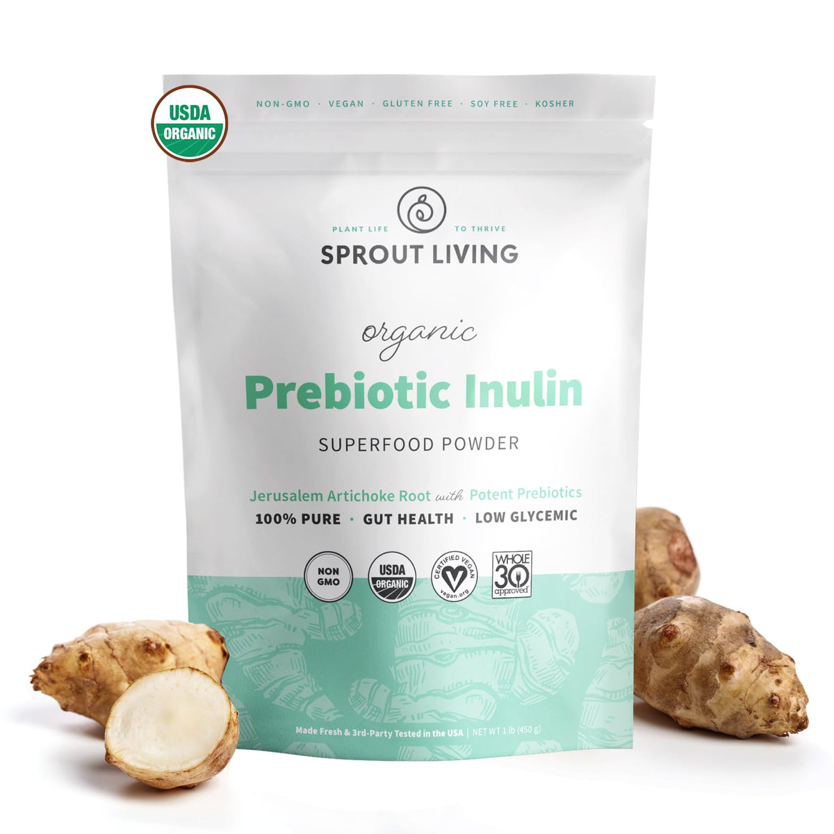 Sprout Living Organic Inulin jar highlights premium prebiotic powder for digestive support.