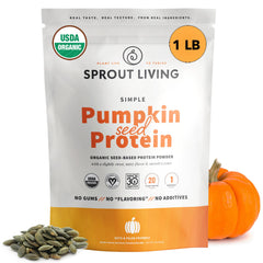 Sprout Living pumpkin seed protein powder in a jar, dairy-free shake base.