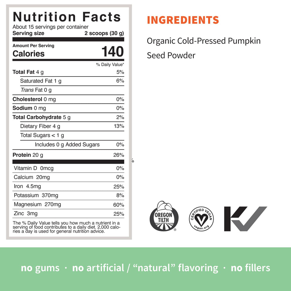 Sprout Living pumpkin seed protein powder pouring into a glass for smoothies.