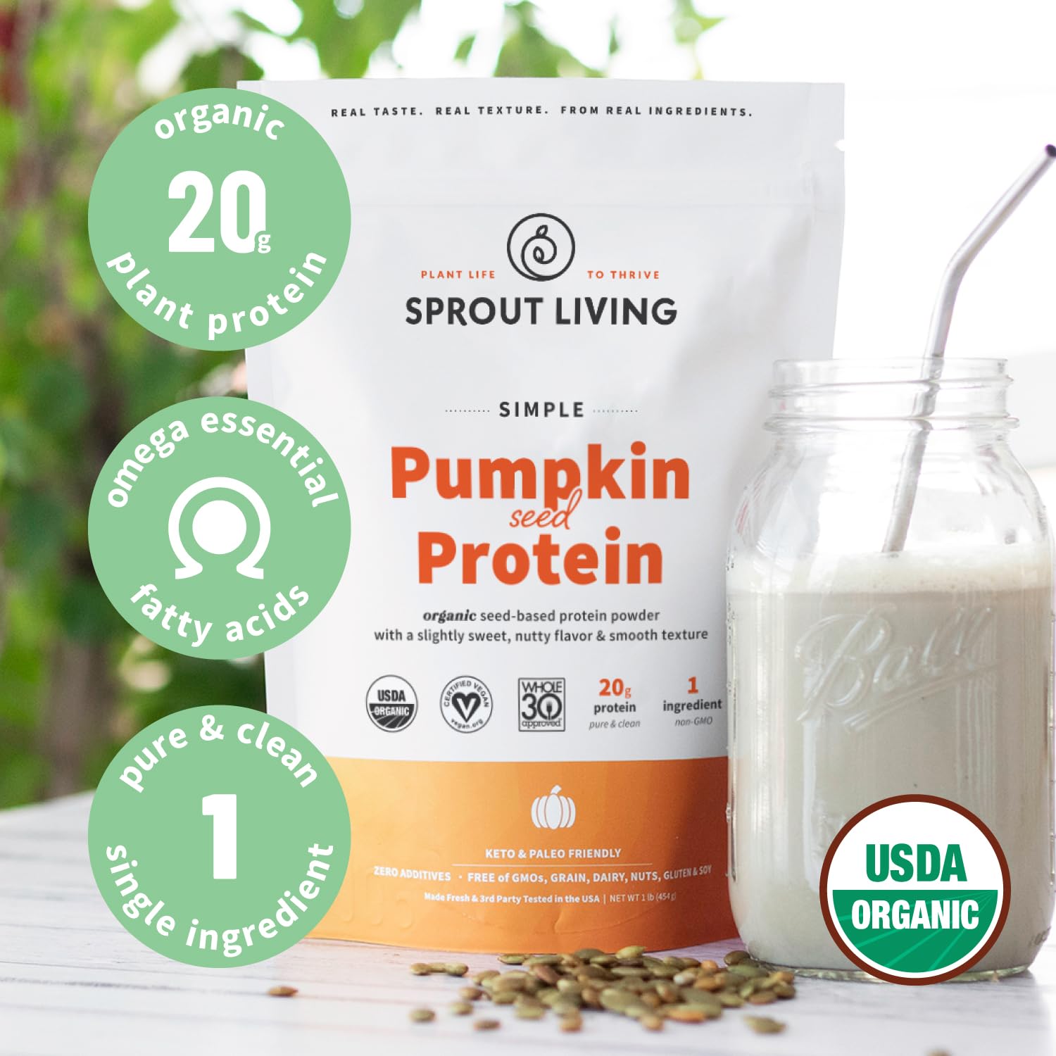 Sprout Living pumpkin seed protein shake glass, dairy-free vegan protein.