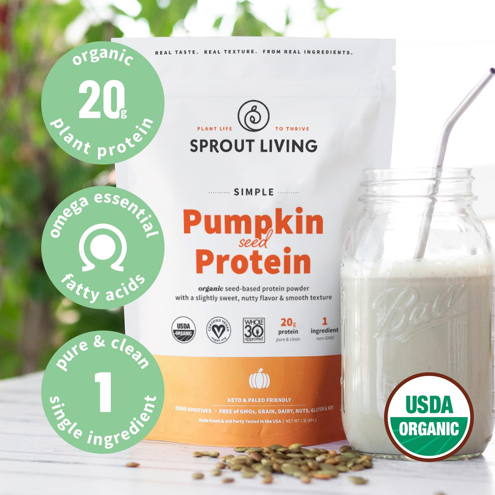 Sprout Living pumpkin seed protein shake glass, dairy-free vegan protein.