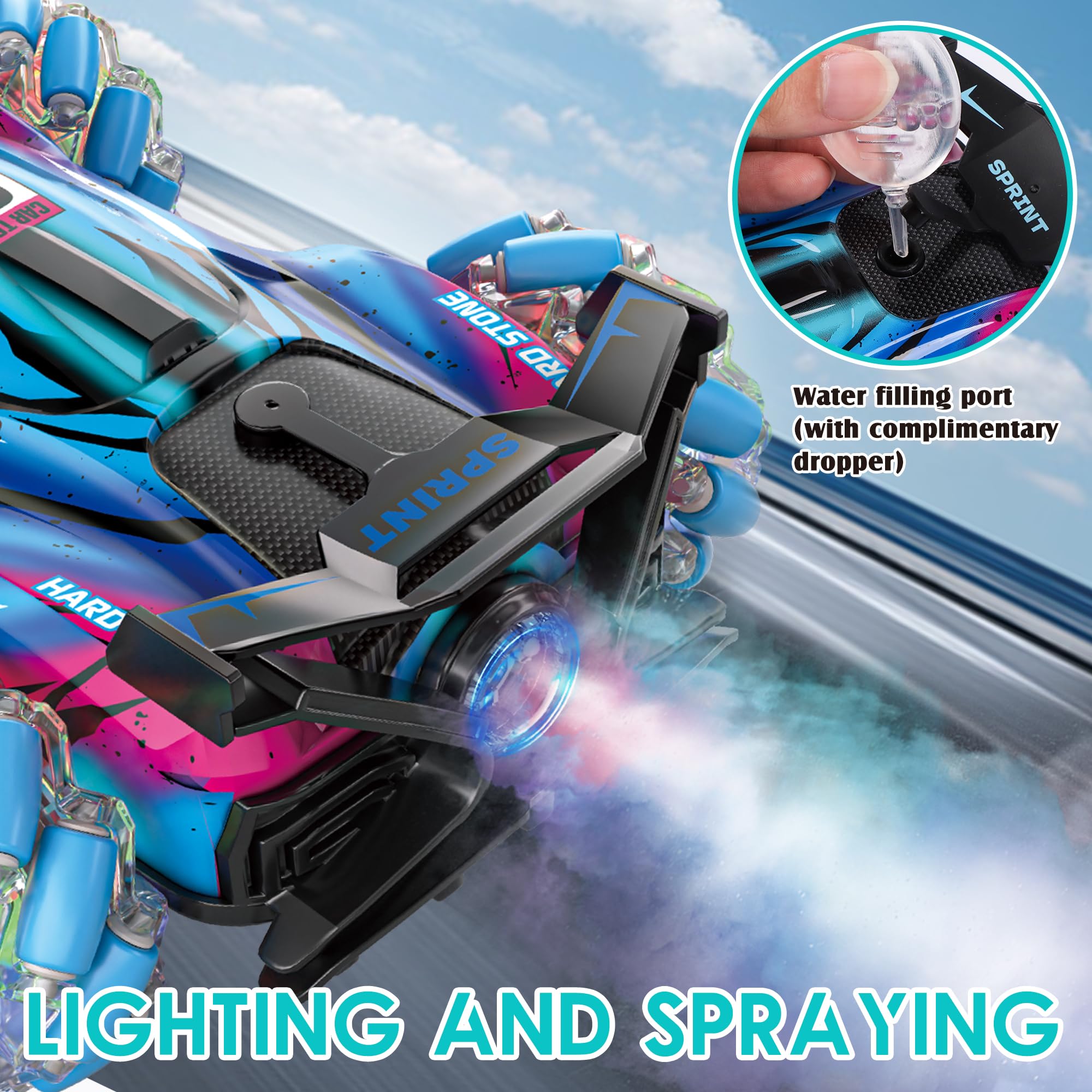 SPRSHY RC stunt car 360 rotation enables dynamic tricks and flips.