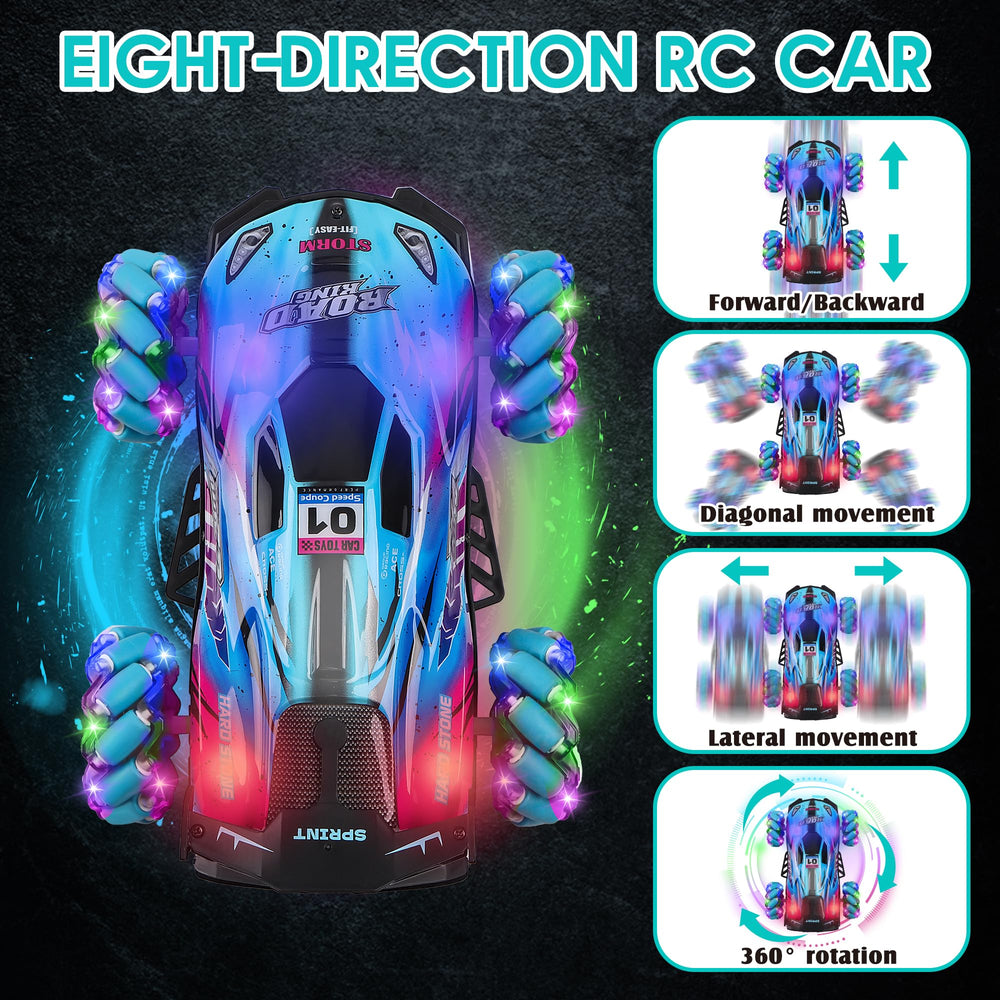 SPRSHY RC stunt car LED lights enhance nighttime racing visuals.
