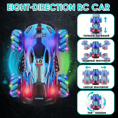 SPRSHY RC stunt car LED lights enhance nighttime racing visuals.