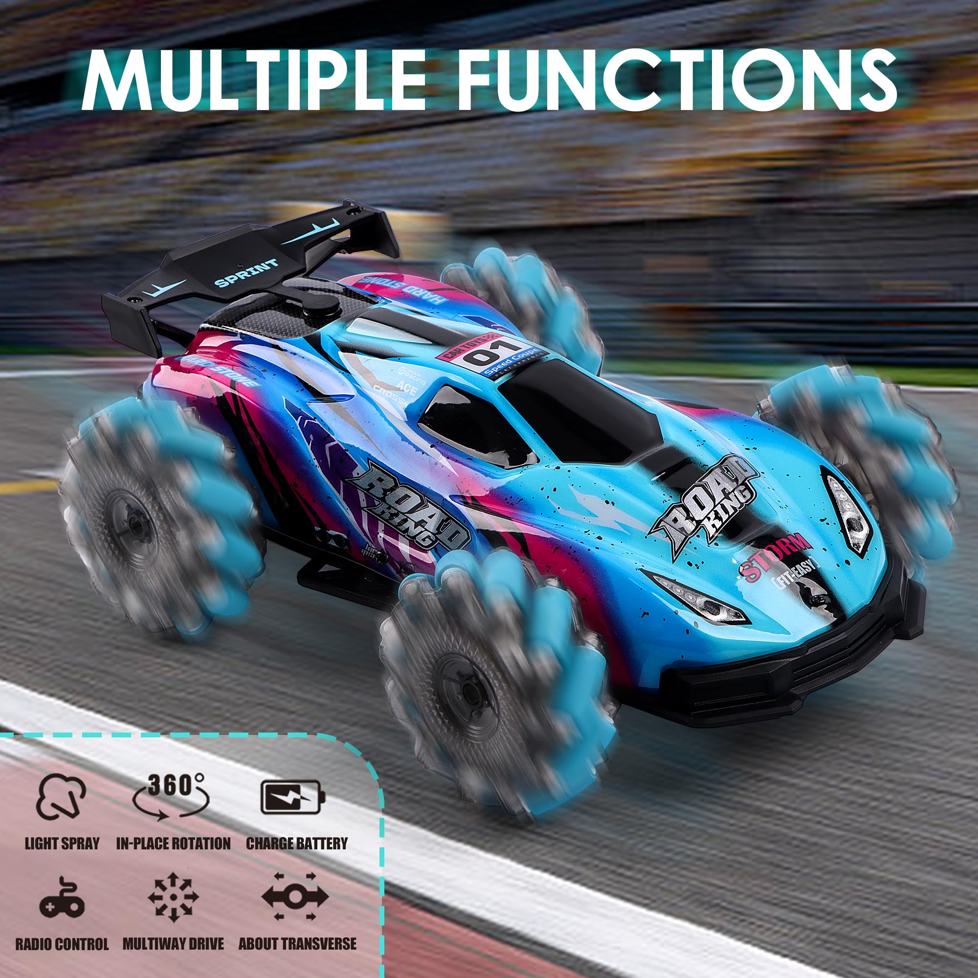 SPRSHY RC stunt car spray effect adds dramatic action indoors or outdoors.