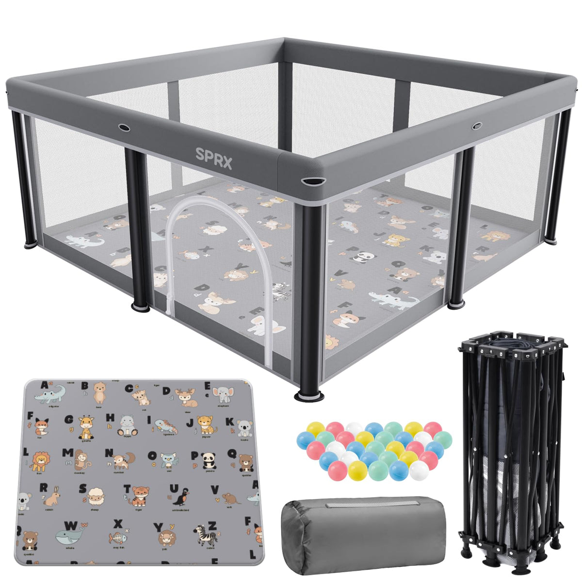 SPRX foldable playpen with mat for quick, safe indoor play.