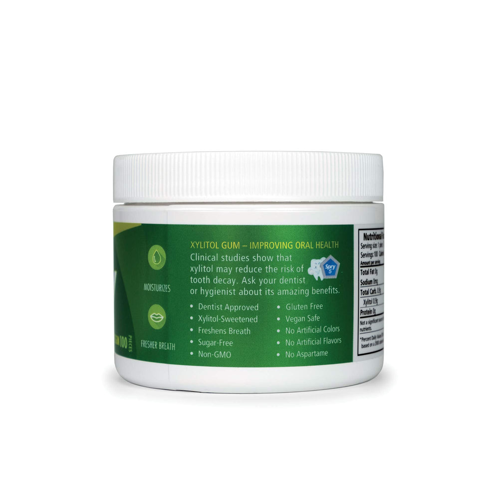Spry xylitol gum box open, sugar-free and aspartame-free for daily dental care.