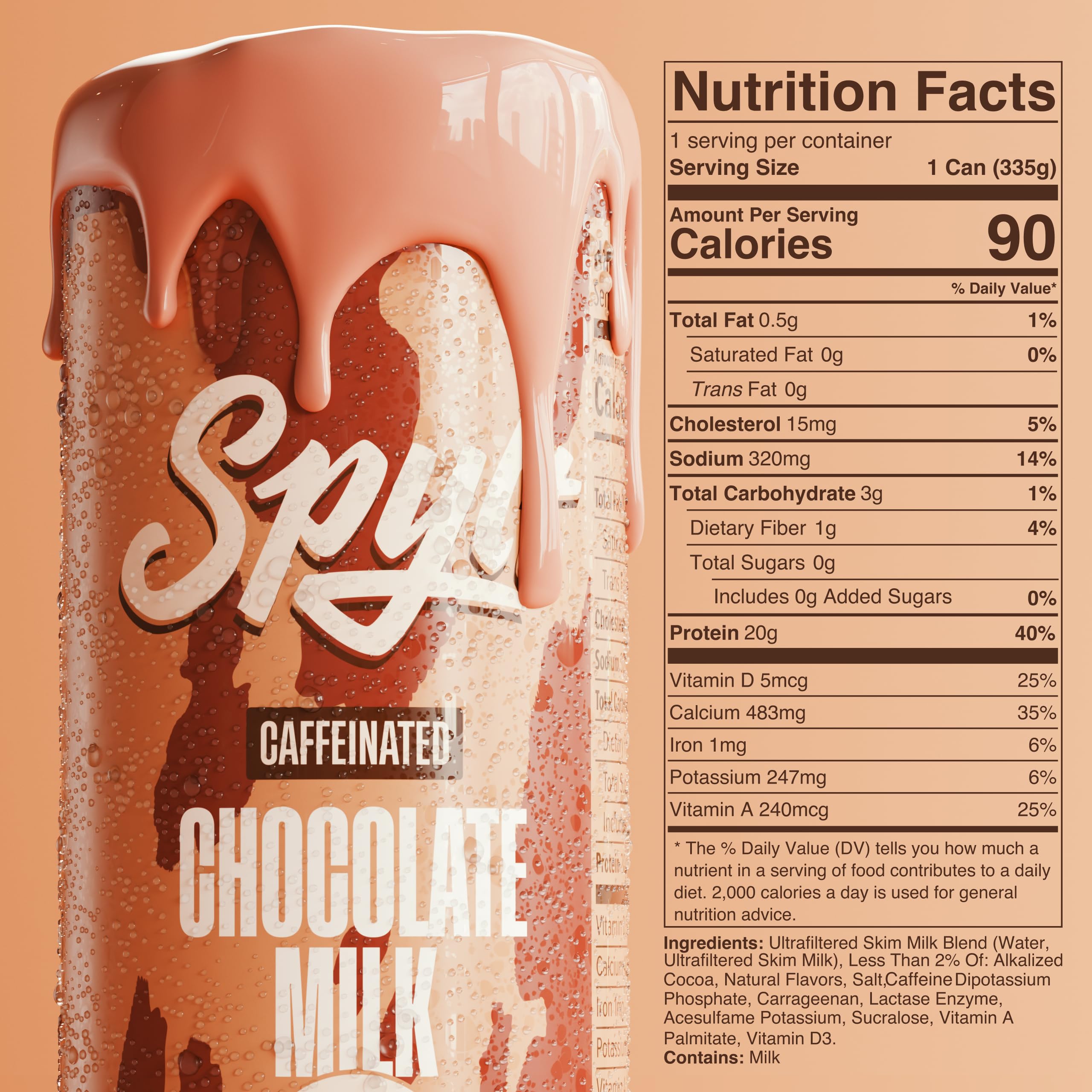 Spylt glass pour highlights zero sugar and lactose-free nutrition.