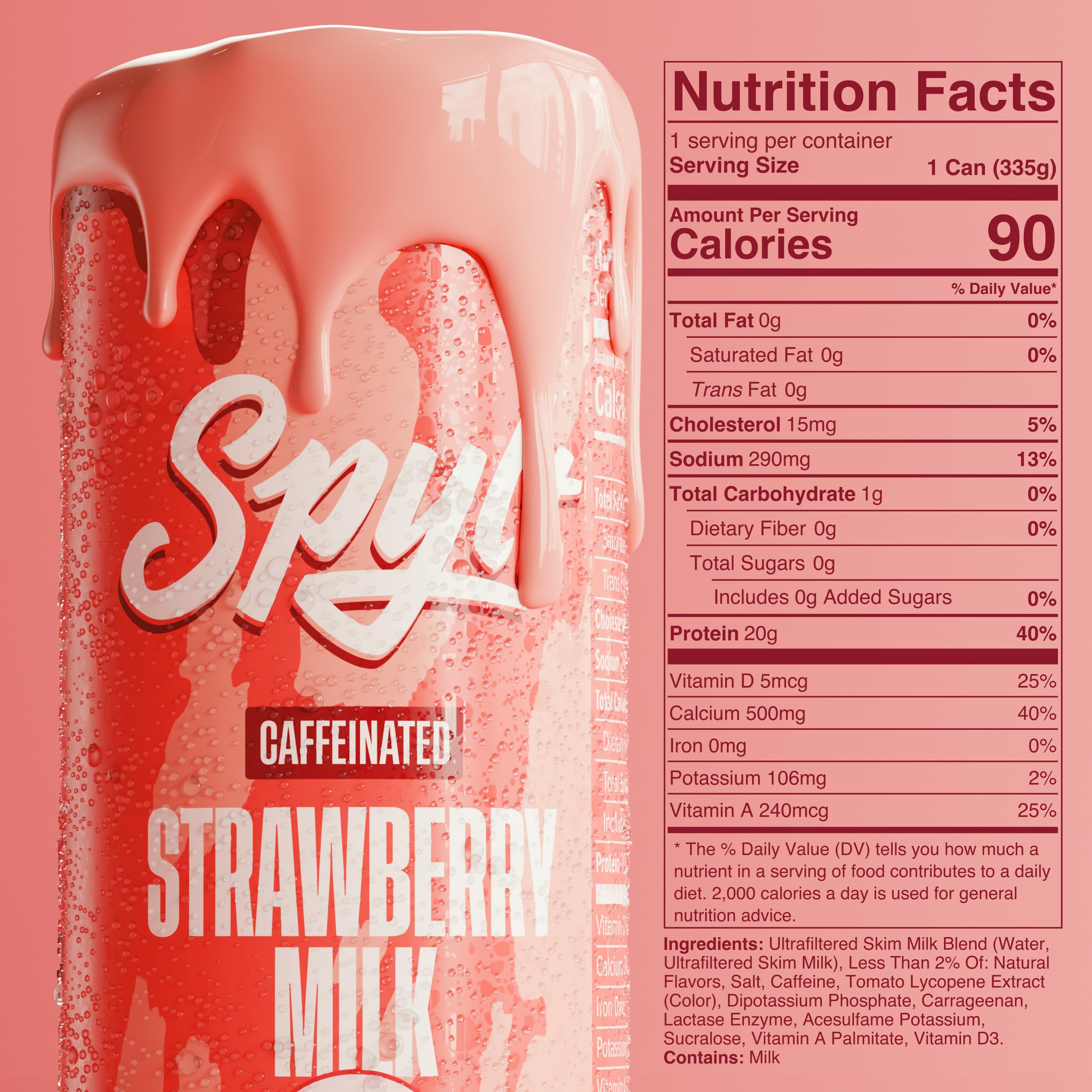 Spylt high-protein strawberry milk bottle close-up shows creamy texture.
