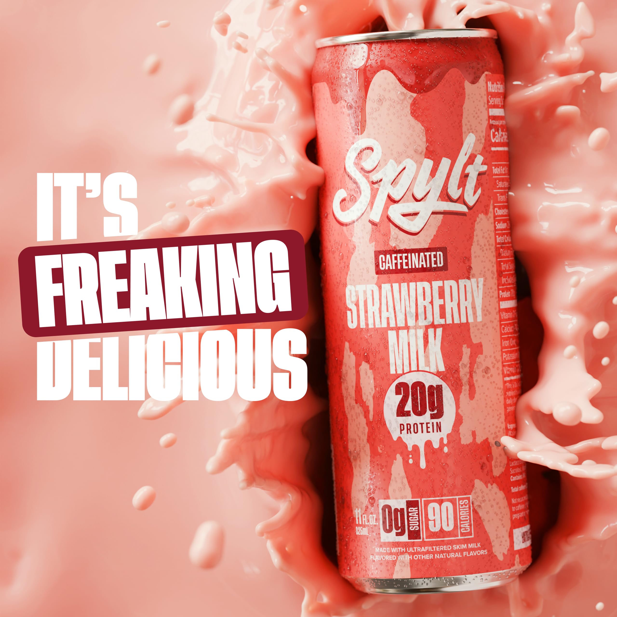 Spylt strawberry milk pours into glass, ready-to-drink convenience portrayed.