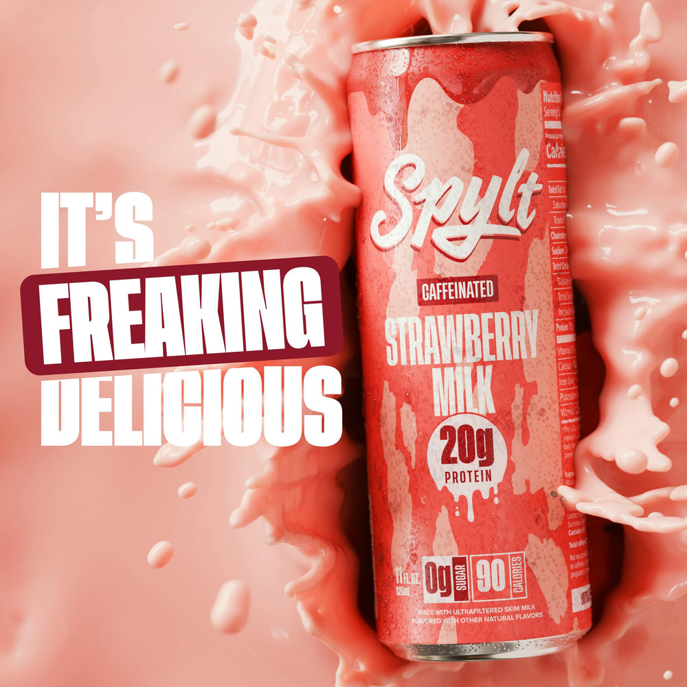 Spylt strawberry milk pours into glass, ready-to-drink convenience portrayed.