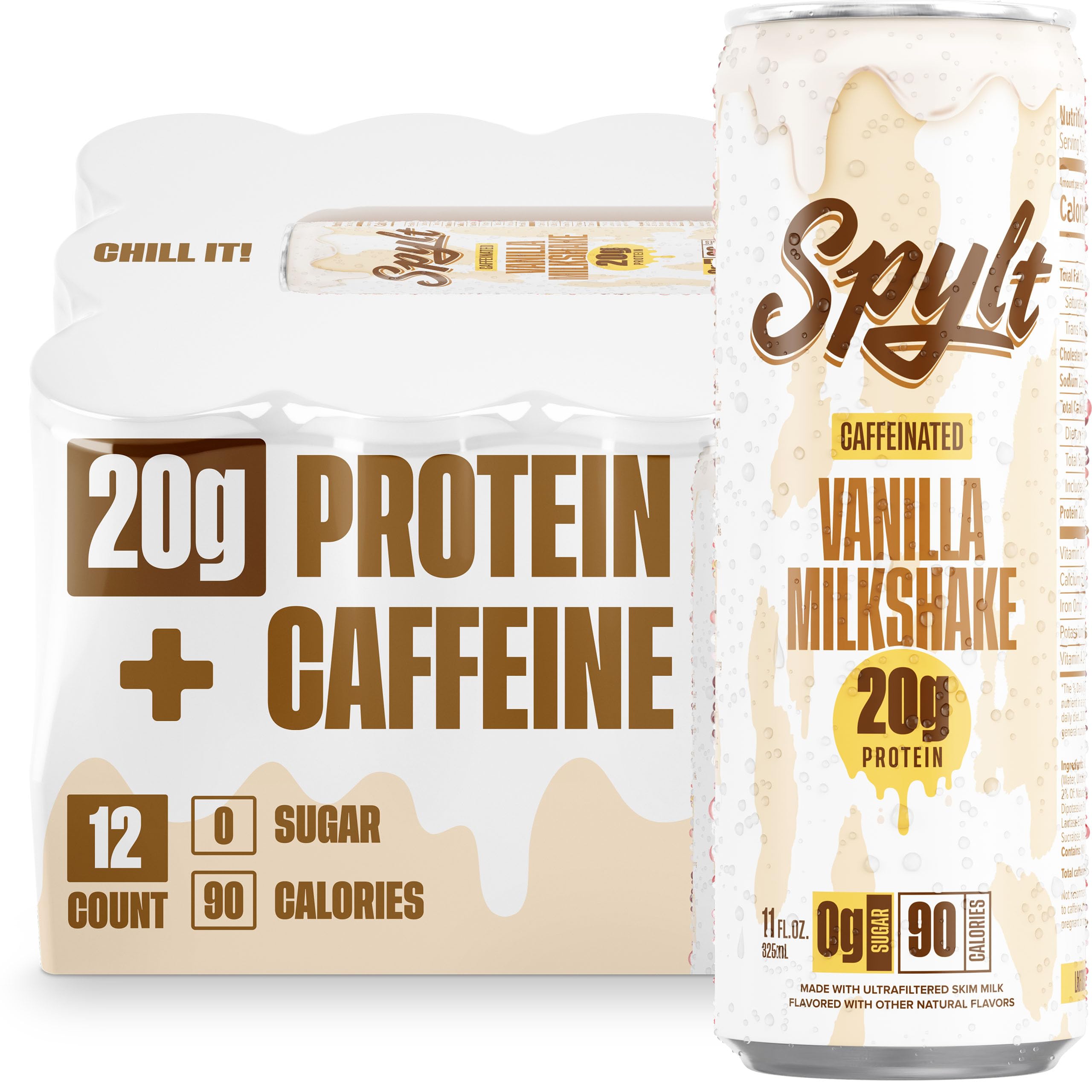 Spylt high-protein vanilla milkshake bottle ready to enjoy with caffeine lift.