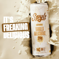 Spylt high-protein vanilla milkshake glass close-up highlights rich creaminess and protein value.