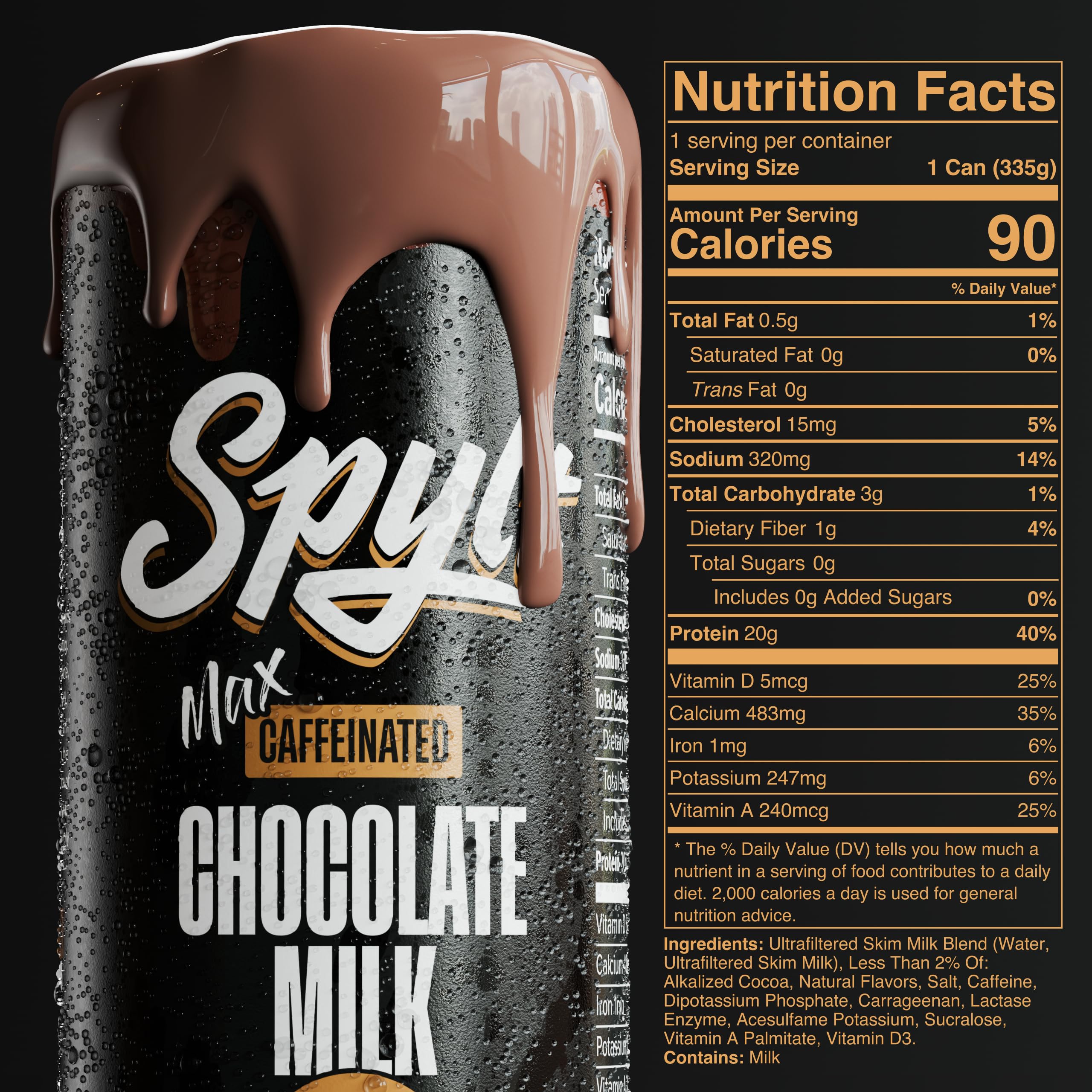 Spylt Max chocolate milk pour into glass highlighting creamy consistency.