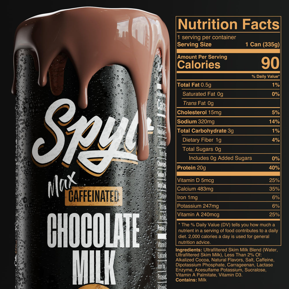 Spylt Max chocolate milk pour into glass highlighting creamy consistency.
