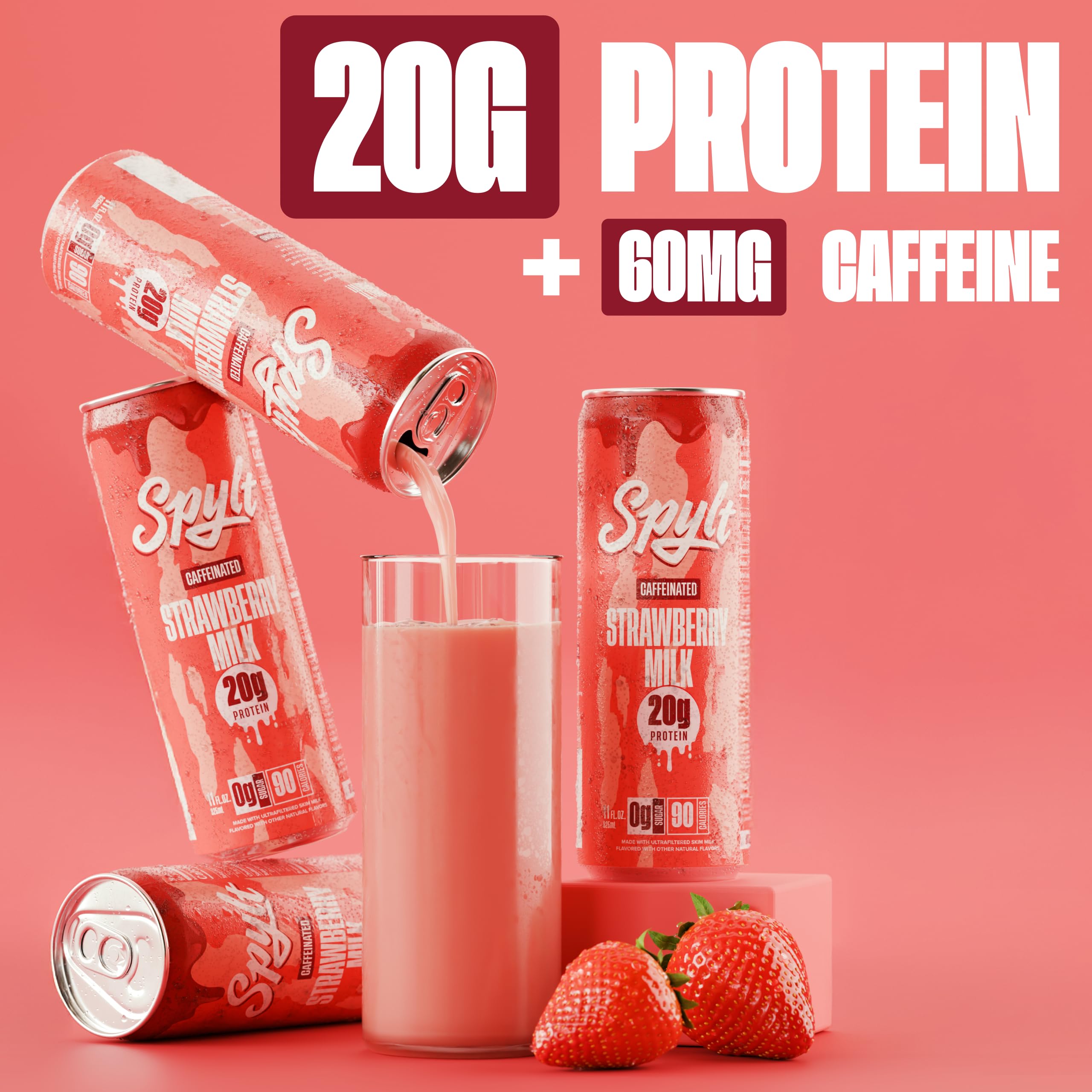 Spylt nutrition label on bottle highlights 20g protein and caffeine.