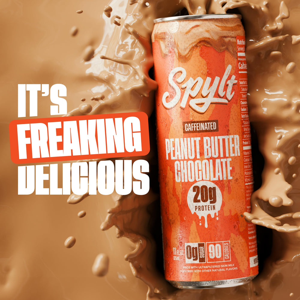 Spylt ready-to-drink peanut butter chocolate milk bottle offers caffeinated lift for afternoon energy.
