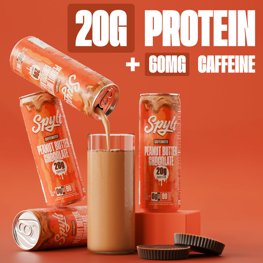 Spylt shelf-stable protein shake label emphasizes zero sugar and lactose-free formula.