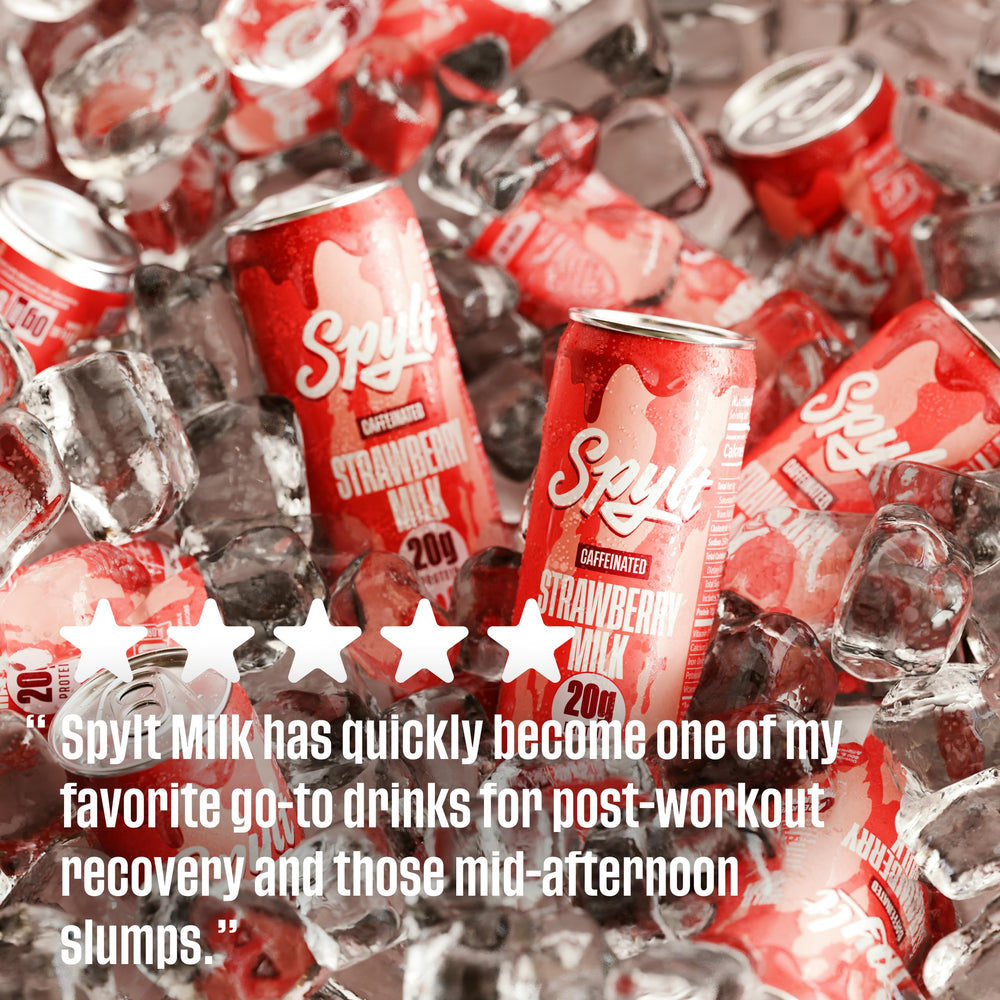 Spylt single-serving strawberry milk pack for desk or gym bag.