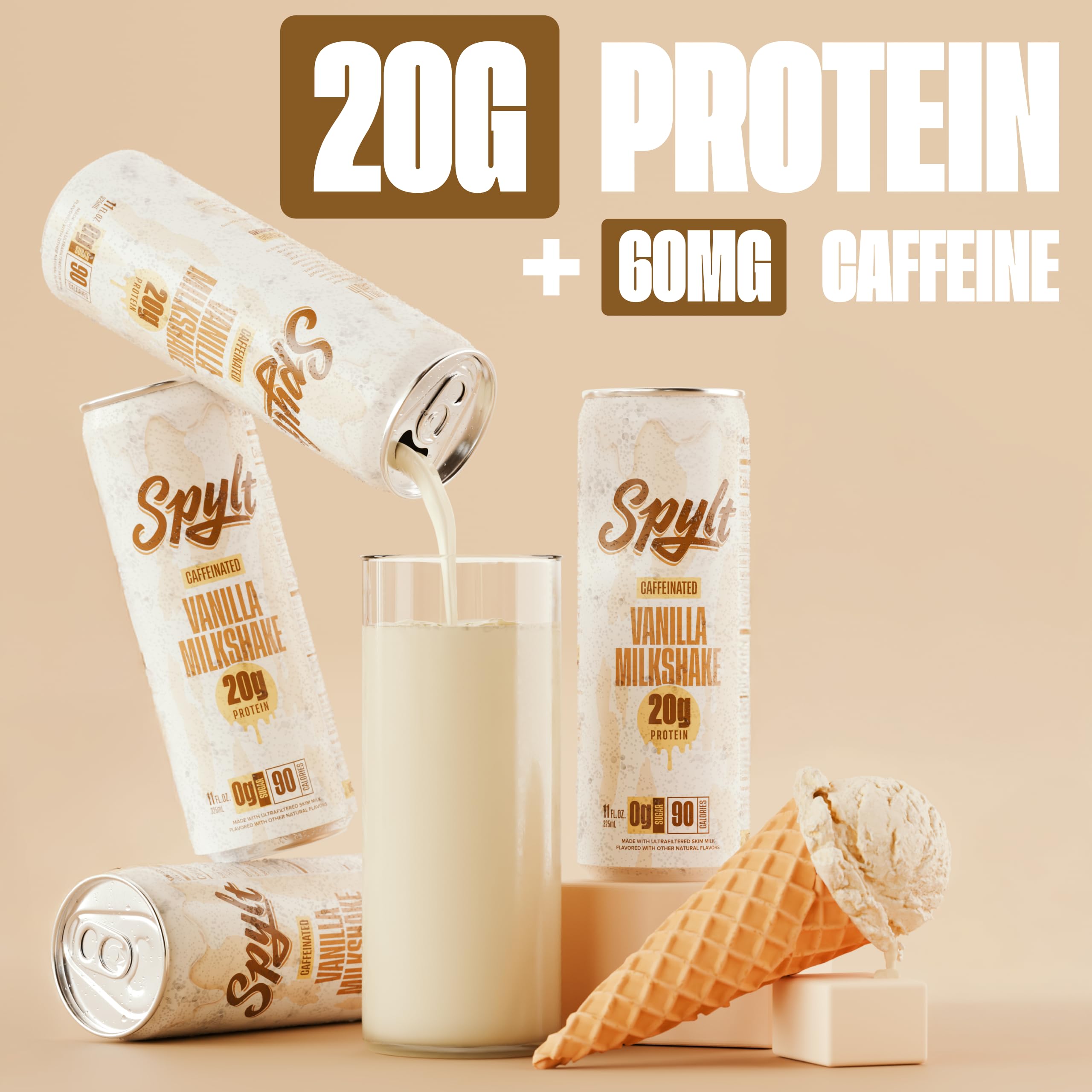 Spylt vanilla milkshake bottle on shelf demonstrates shelf-stable convenience for storage.